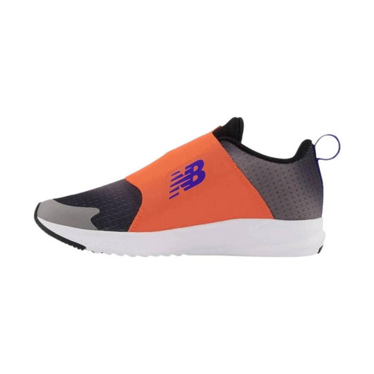 Black, gray, and orange slip-on athletic shoe with a purple New Balance logo