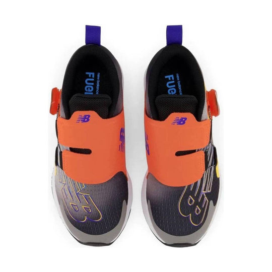 Pair of kids' athletic shoes with orange straps, black interiors, and purple New Balance logos
