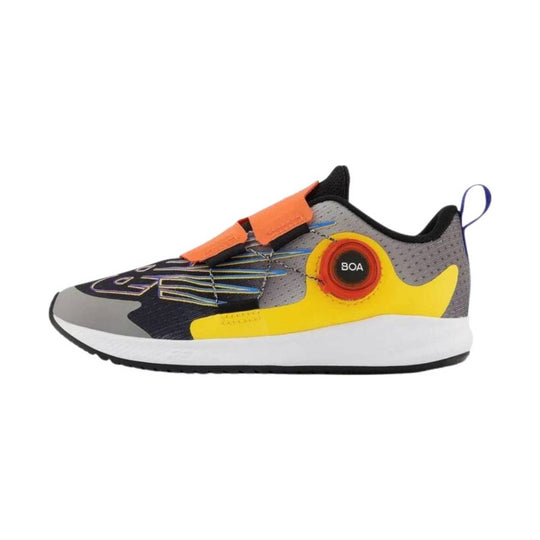 Kids' athletic sneaker with gray, black, yellow, and orange accents, BOA dial, and hook-and-loop strap