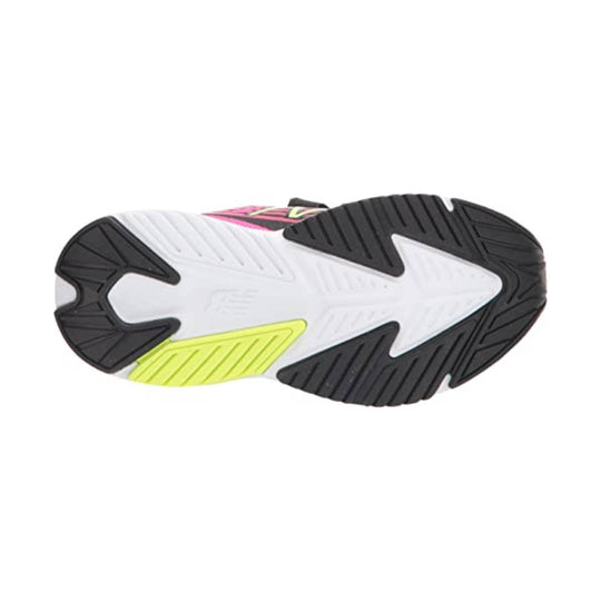 Kids athletic shoe outsole with black rubber traction pods, white midsole, and neon yellow accent