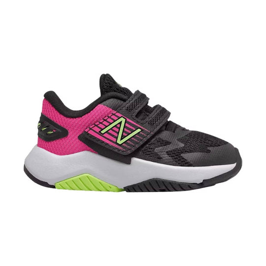 Kids' black, pink, and neon green athletic sneaker with hook-and-loop straps and mesh upper, side view