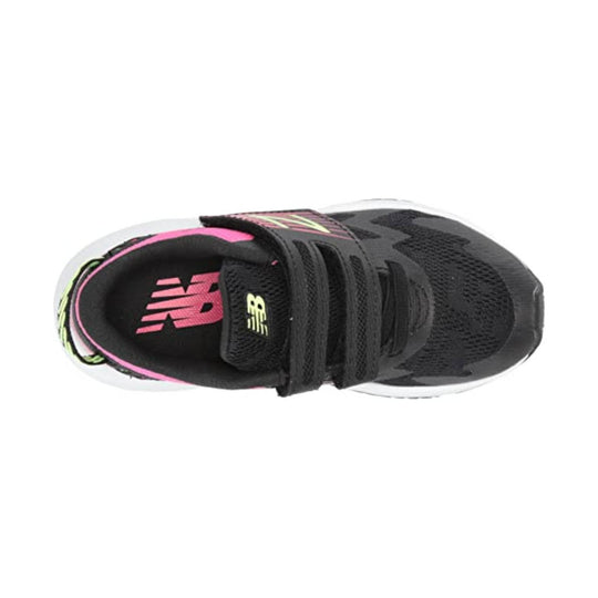 Black kids' sneaker with pink accents, mesh upper, elastic laces, and visible NB logos