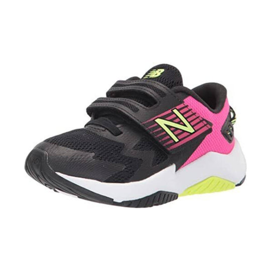 Black and pink kids' athletic sneaker with Velcro straps and neon yellow accents