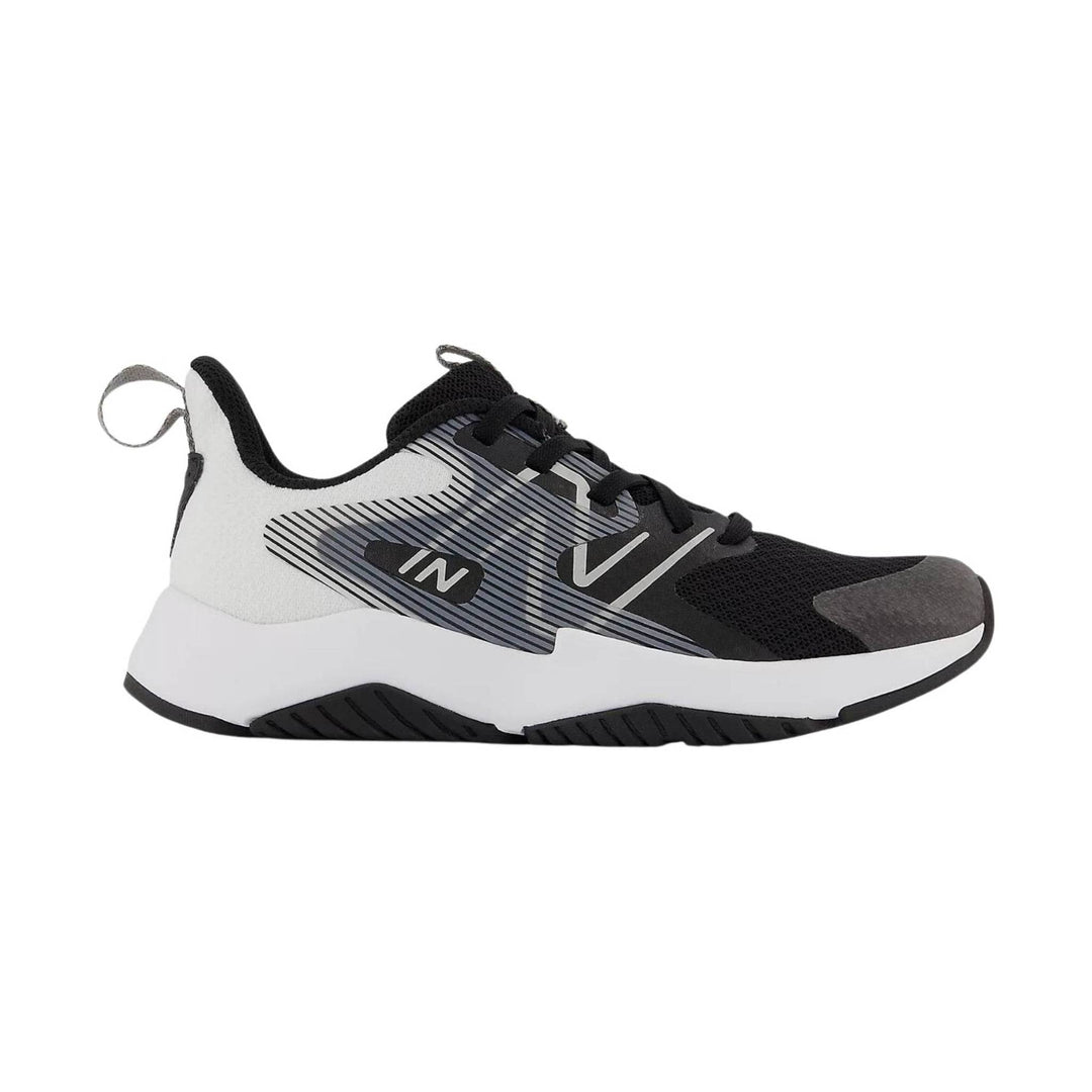 Black, white, and gray kids' athletic sneaker with striped side panel and pull loop