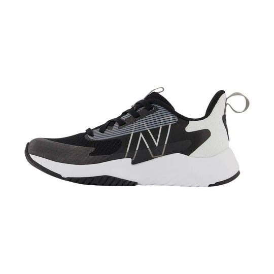 Black and white kids' athletic sneaker with mesh upper, striped overlay, and thick white sole