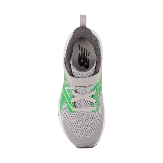Top view of a gray and green kids' sneaker with mesh upper, bungee laces, and visible NB logo on the insole