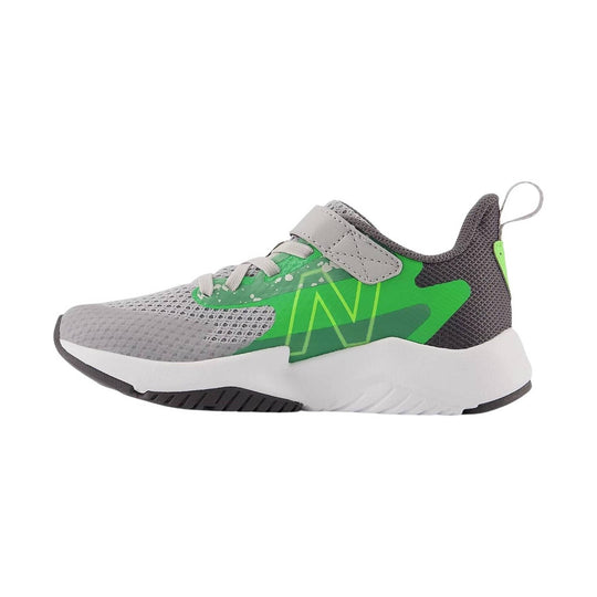 Kids' gray and green athletic sneaker with bungee laces and a white sole, side view