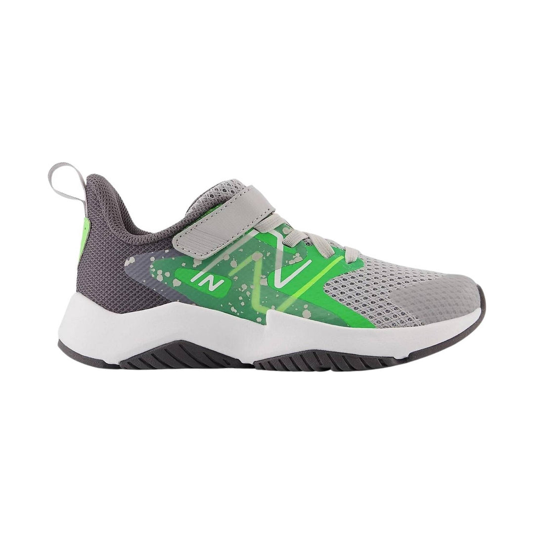 Gray and green kids' athletic sneaker with bungee laces, Velcro strap, and a thick white sole