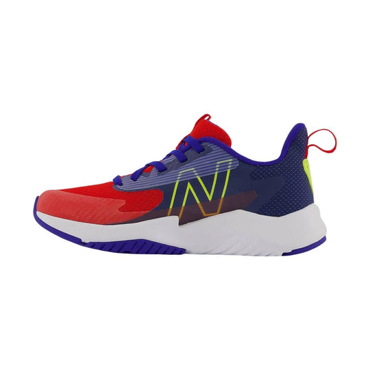 Red, navy, and purple kids' athletic sneaker with a white platform sole and neon logo on the side