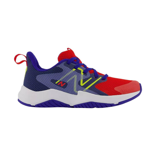 Kids' red, blue, and purple athletic sneaker with neon yellow accents and a white sole, side view