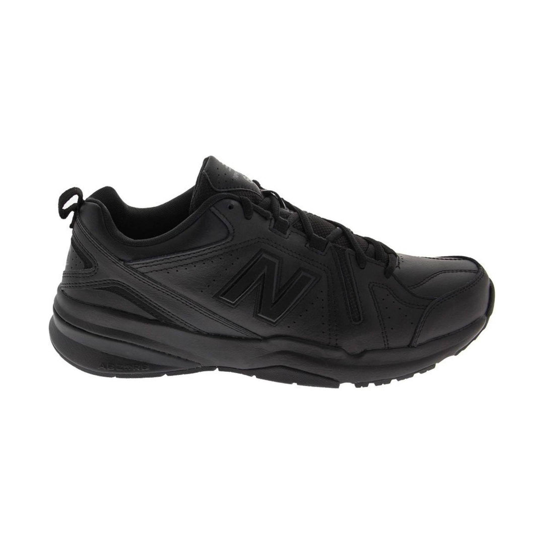 Black athletic training shoe with low-profile sole, lace-up closure, and large side logo