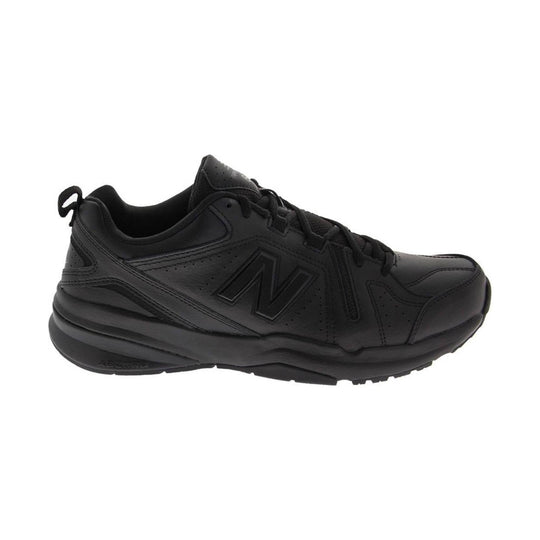 Black athletic training shoe with low-profile sole, lace-up closure, and large side logo