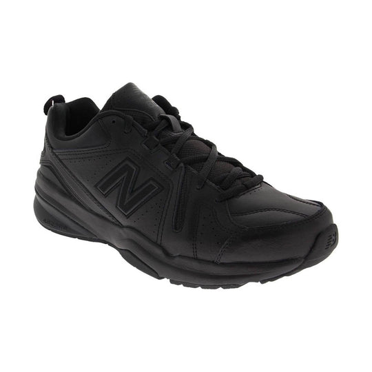 Black lace-up training shoe with a large side logo and cushioned sole, shown in side view