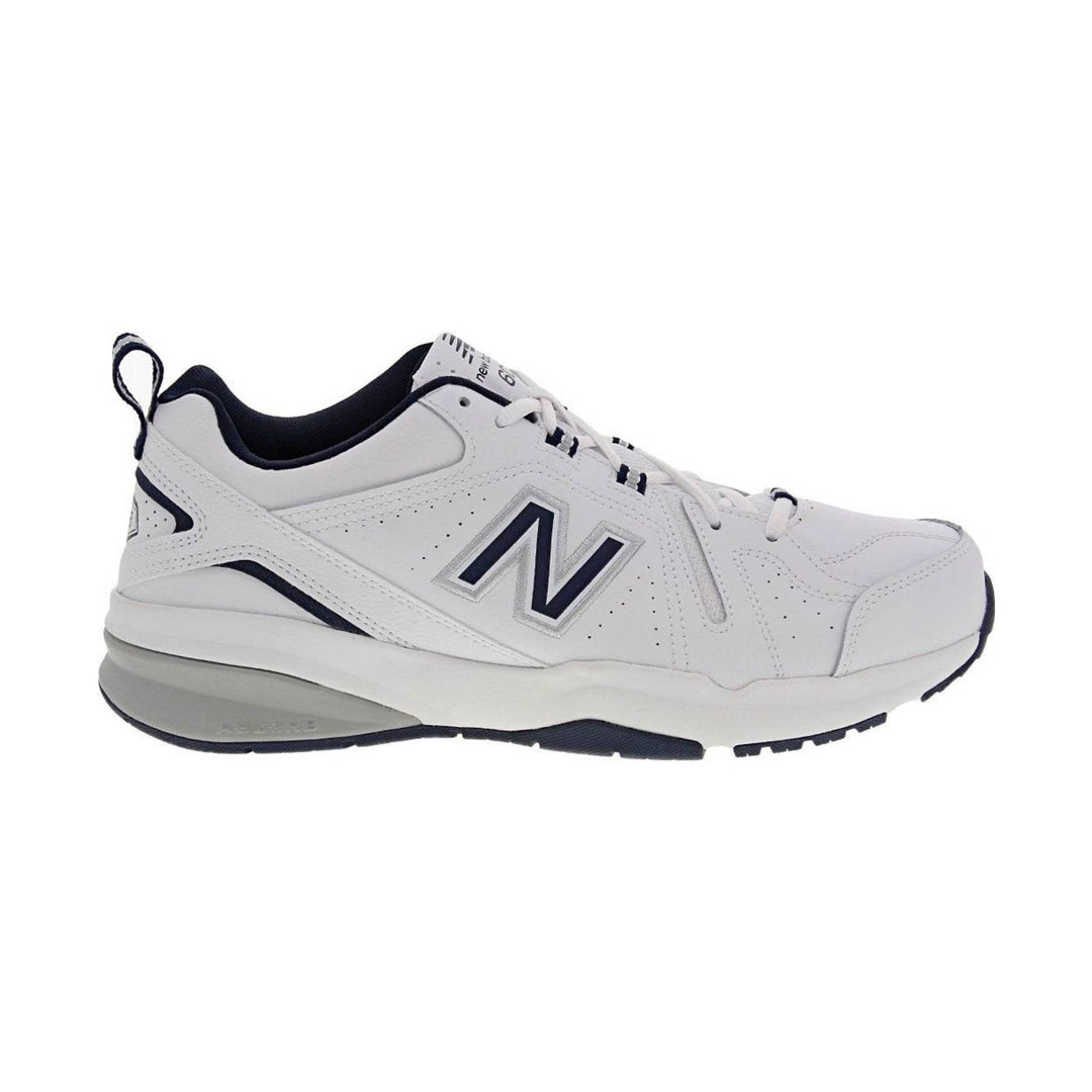White athletic shoe with navy accents, mesh collar, and large side logo