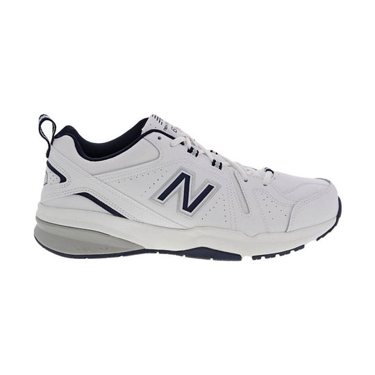 White athletic shoe with navy accents, mesh collar, and large side logo