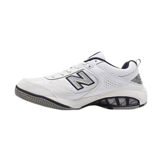 White low-top athletic shoe with black trim, a side logo, and a gray outsole