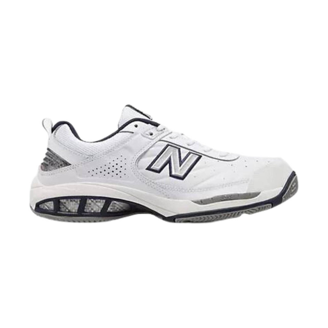 White athletic sneaker with dark trim, perforated side panels, and a large side N logo