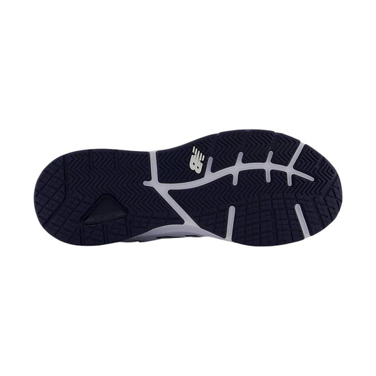 Black rubber outsole of a New Balance athletic shoe with white midfoot accents and tread pattern.