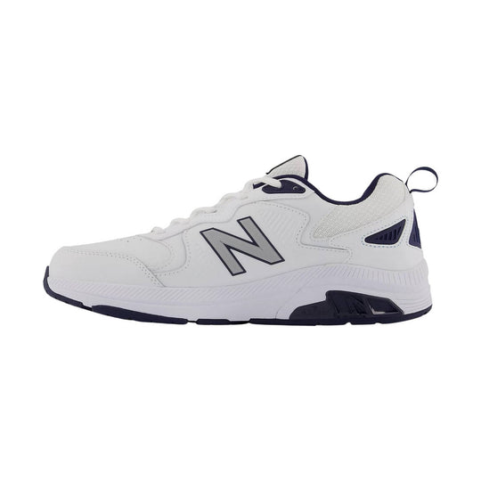 White low-top athletic shoe with navy accents and a large side logo, shown in profile