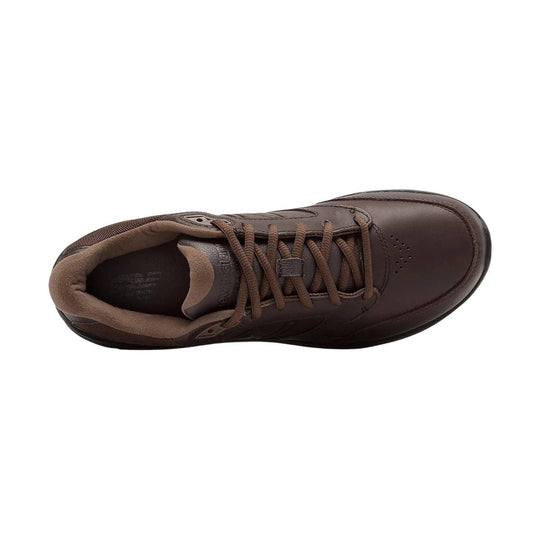 Brown leather walking shoe with lace-up closure and padded collar, shown from the top
