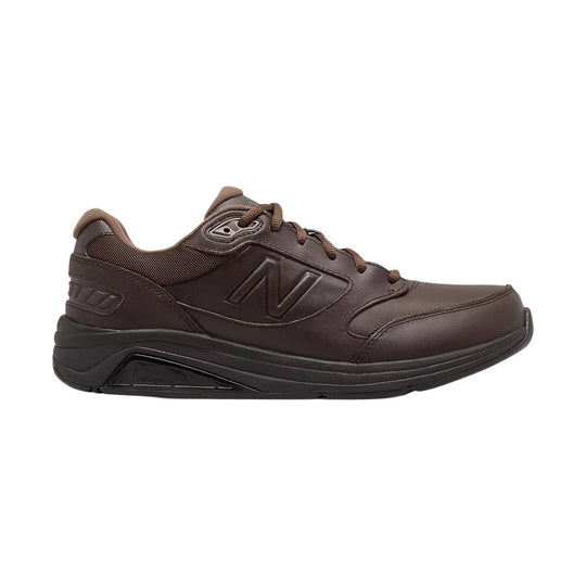 Brown leather walking shoe with black sole, mesh heel collar, and laced closure