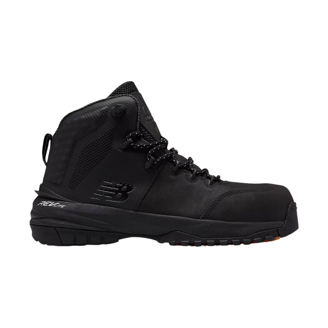 Black mid-cut work boot with padded collar, lace-up front, and lugged sole