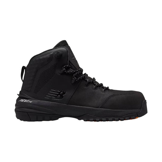 Black mid-cut work boot with padded collar, lace-up front, and lugged sole