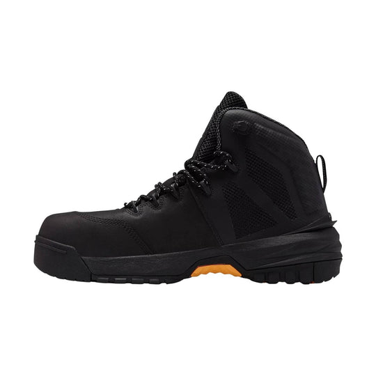 Black mid-height work boot with black laces and a thick treaded sole with orange detail