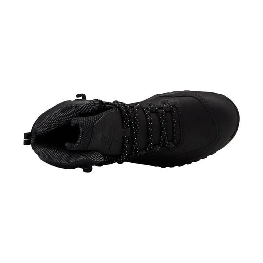 Black mid-top work boot with mesh collar, lace-up front, and thick lug sole