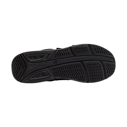 Black walking shoe outsole with deep tread and New Balance markings