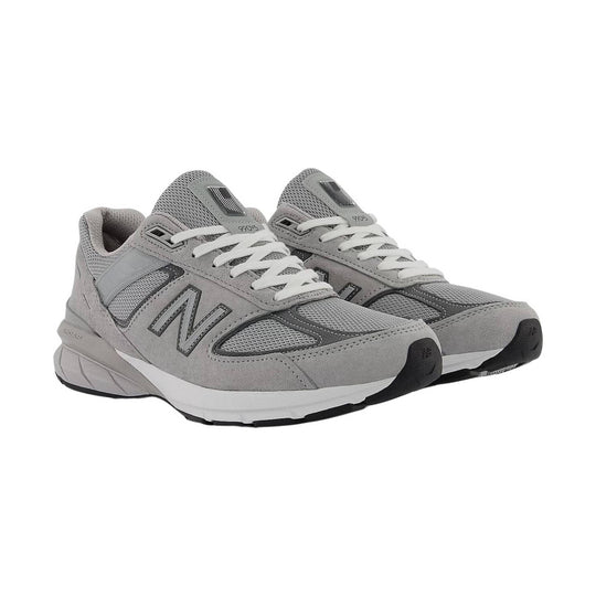 Pair of gray lace-up running sneakers with mesh and suede overlays and white laces