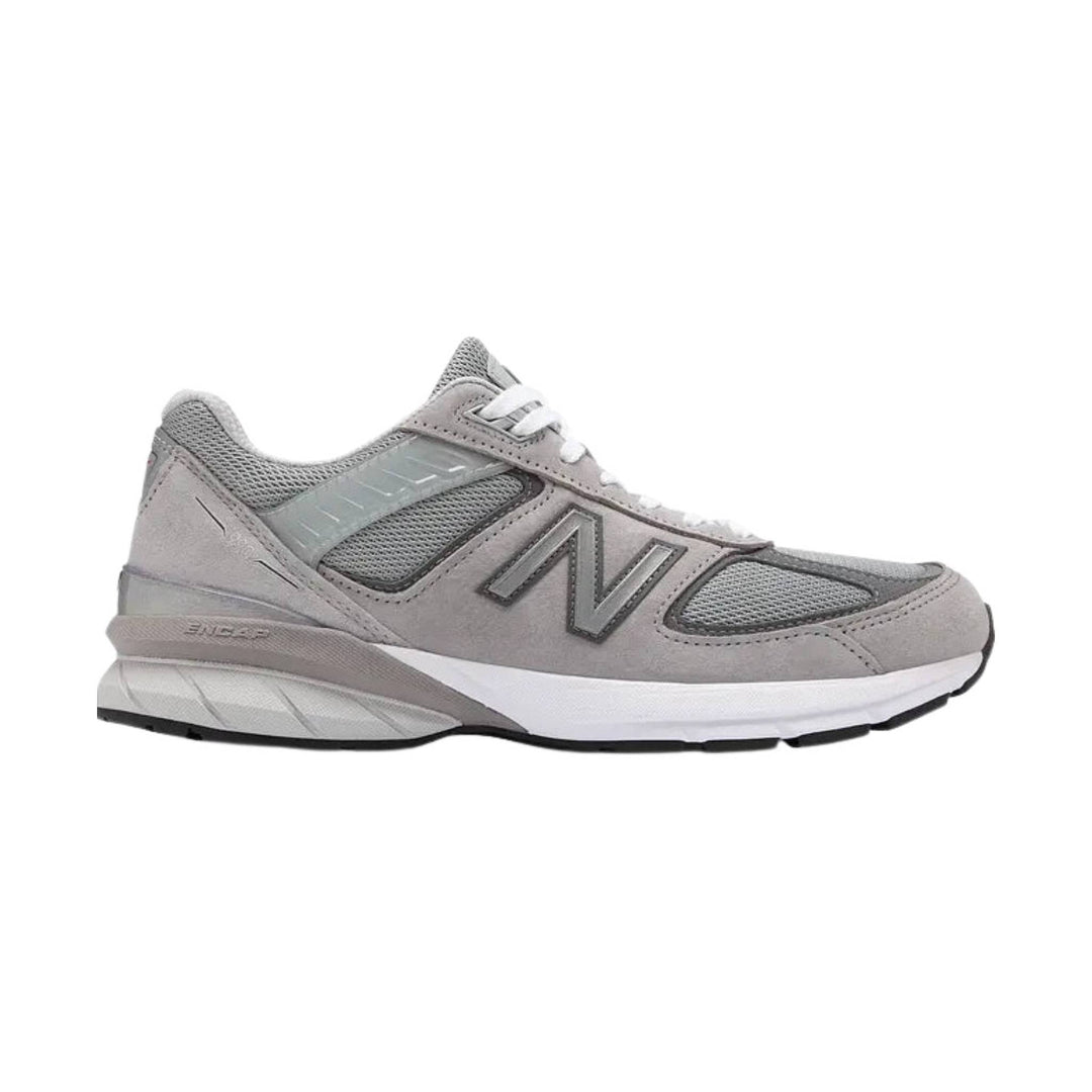 Gray mesh running sneaker with suede overlays, white laces, and a white midsole