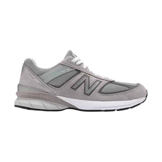 Gray mesh running sneaker with suede overlays, white laces, and a white midsole