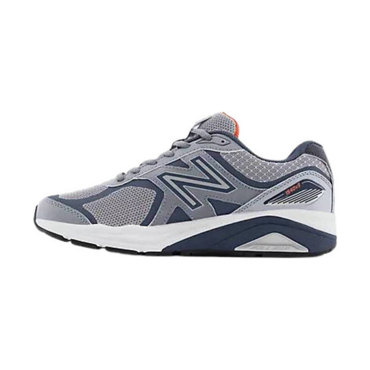 Gray and navy mesh running shoe with a thick white midsole and orange heel accent, shown in side view