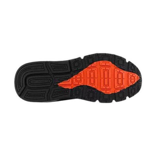 Black running shoe outsole with bright orange midfoot insert and deep traction tread