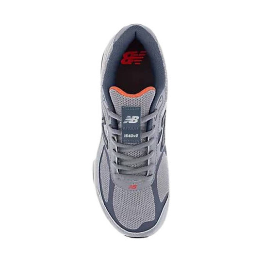 Gray running shoe seen from above with mesh upper, lace-up front, and visible tongue label