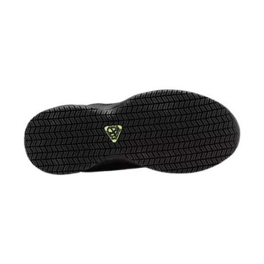 Black shoe outsole with herringbone tread and a small triangular logo at the center