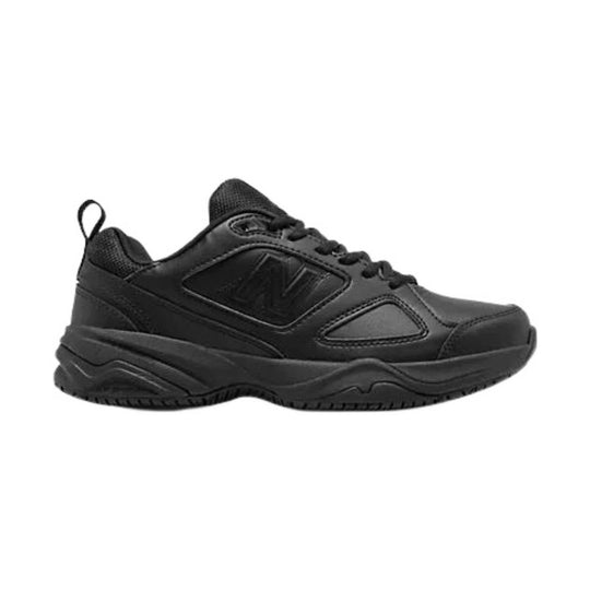 Black low-top athletic walking shoe with thick outsole, lace-up front, and side logo panel