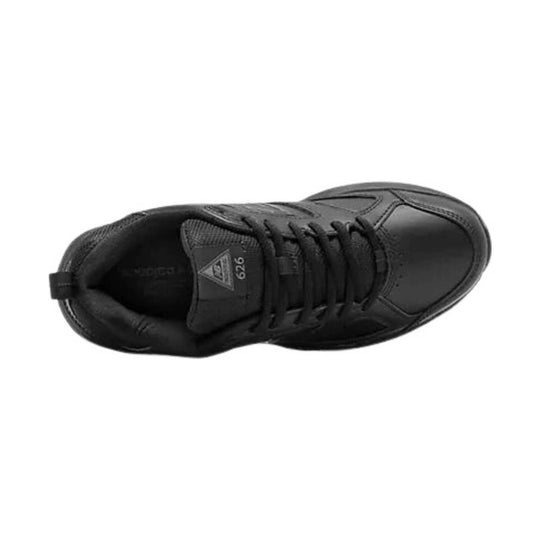 Black athletic walking shoe shown from above with lace-up front and cushioned collar