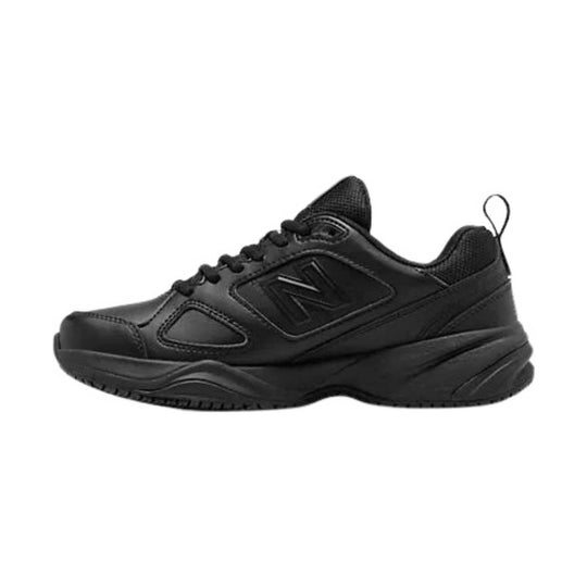 Black lace-up athletic shoe with side mesh panels and a padded sole, shown in profile