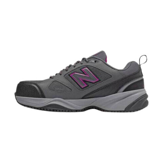 Gray athletic work shoe with black toe cap, magenta logo, and thick cushioned sole