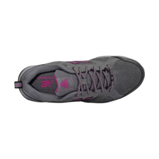 Gray lace-up work shoe with black toe cap and pink accents, shown from above.