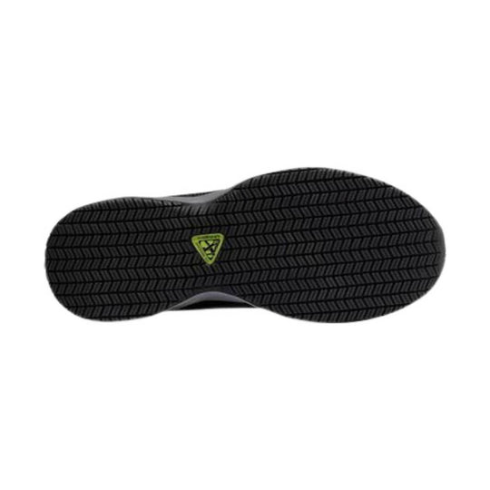 Black rubber shoe outsole with a tread pattern and small green triangular logo