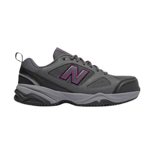 Gray low-top work shoe with black and light gray sole and magenta side logo
