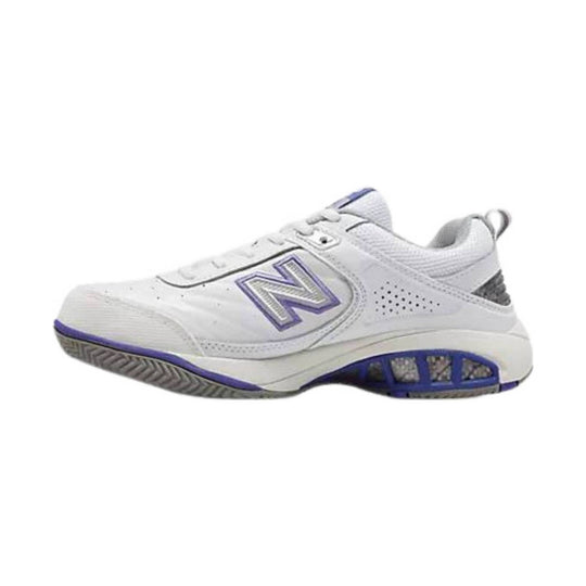 White athletic court shoe with purple trim and a large side logo