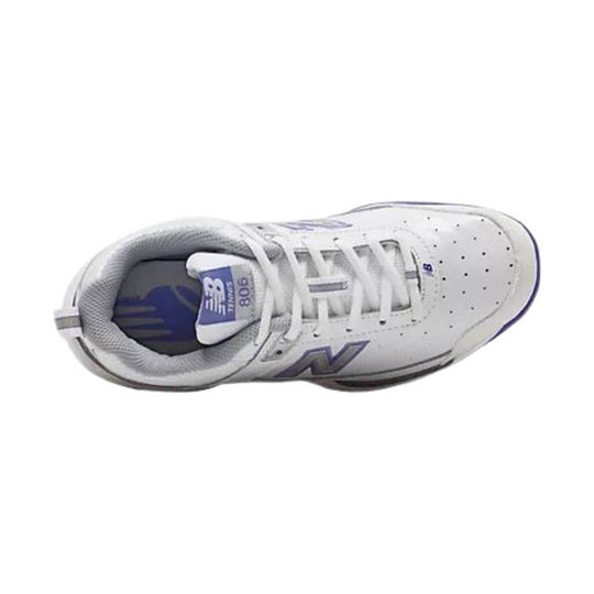 White low-top athletic shoe with gray padded collar, lace-up front, and purple accents