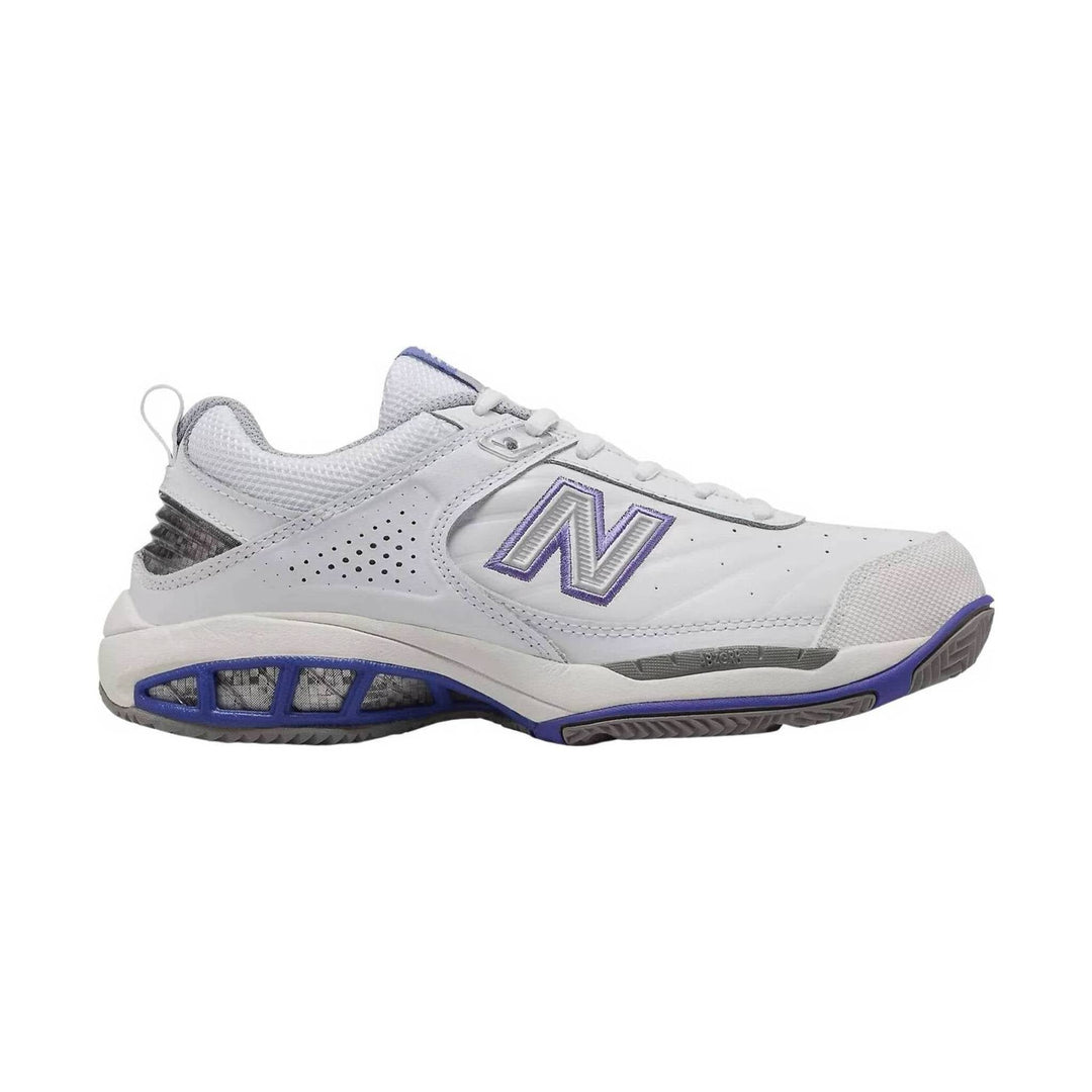 White athletic shoe with purple accents, side view, and large embroidered N logo