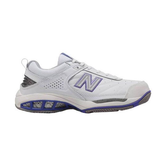 White athletic shoe with purple accents, side view, and large embroidered N logo