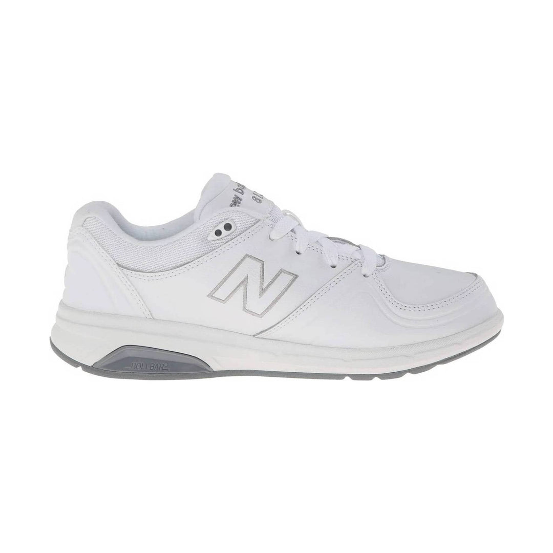 White lace-up walking shoe with gray accents and cushioned sole, side view