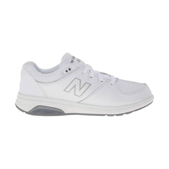 White lace-up walking shoe with gray accents and cushioned sole, side view
